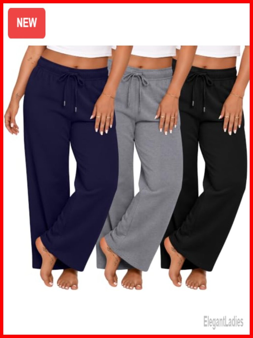 Plus Size Wide Leg Lounge Trousers Sweatpants with Pockets 3 Pack